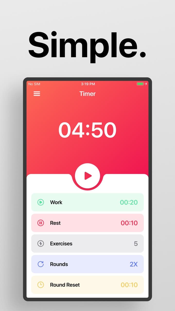 Interval Timer showing a 4:50 workout with work, rest and rounds