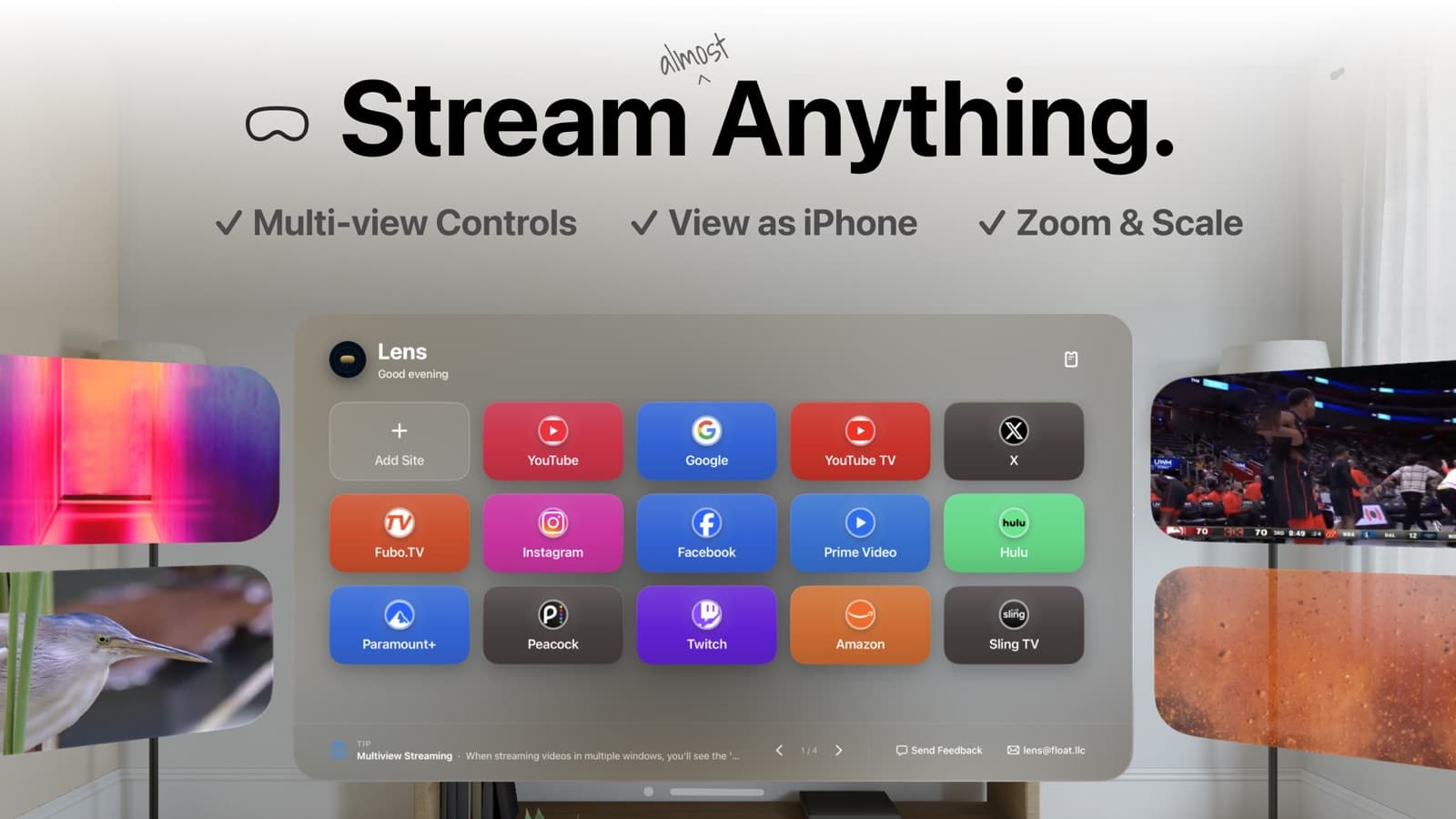 Lens on Apple Vision Pro, showing a grid of streaming sites floating in a living room