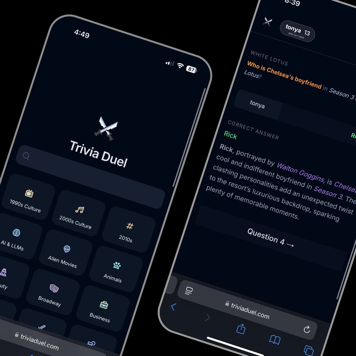 Trivia Duel on two iPhones: a category picker and an answer reveal